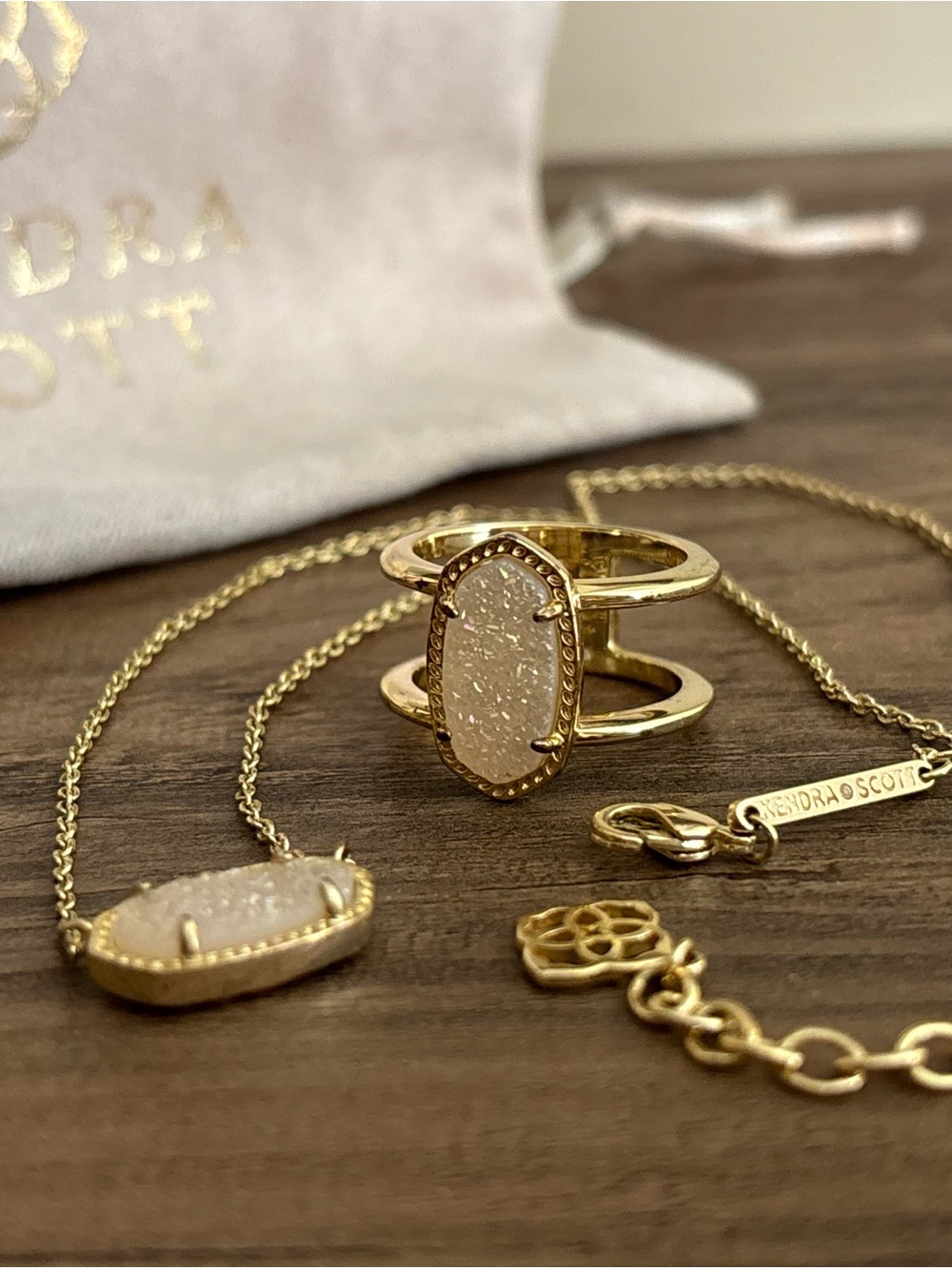 Kendra Scott Gold Druzy Oval Ring and Necklace Set - White Druzy